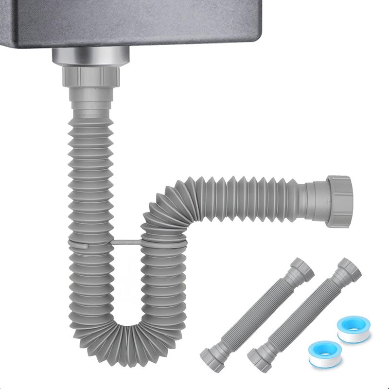 Cinsda 1-1/2 P-Trap Sink Drain Pipe, Flexible, 2 Pack, Gray, Plastic, Polyethylene, 1.8" NPT, Trap Connector, Kitchen & Bathroom, RV Drain - Image 1